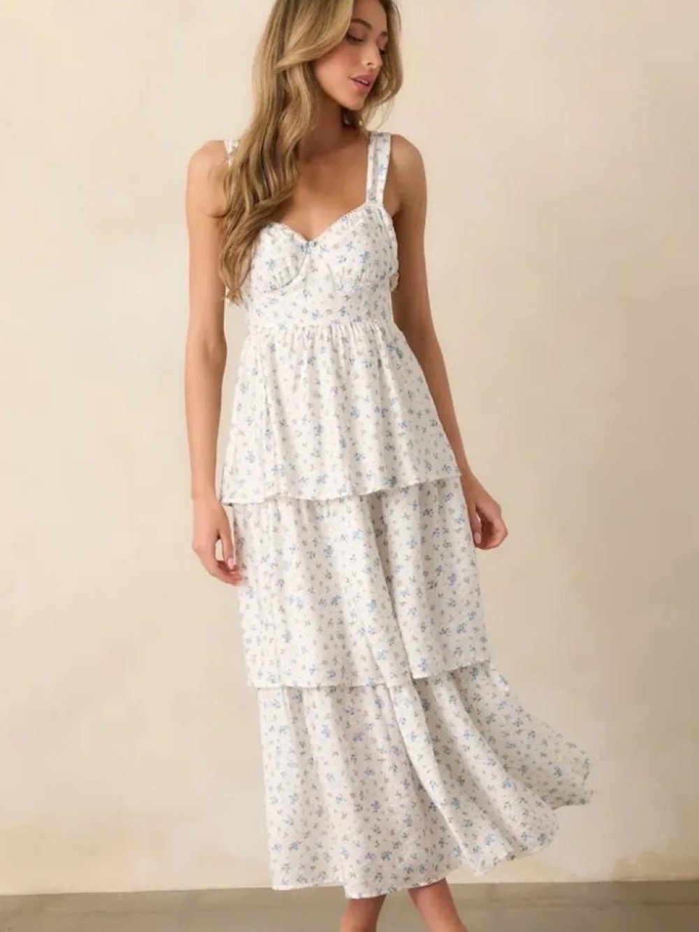Mine - White Floral Tiered Maxi Dress with Blue Bouquet Print
